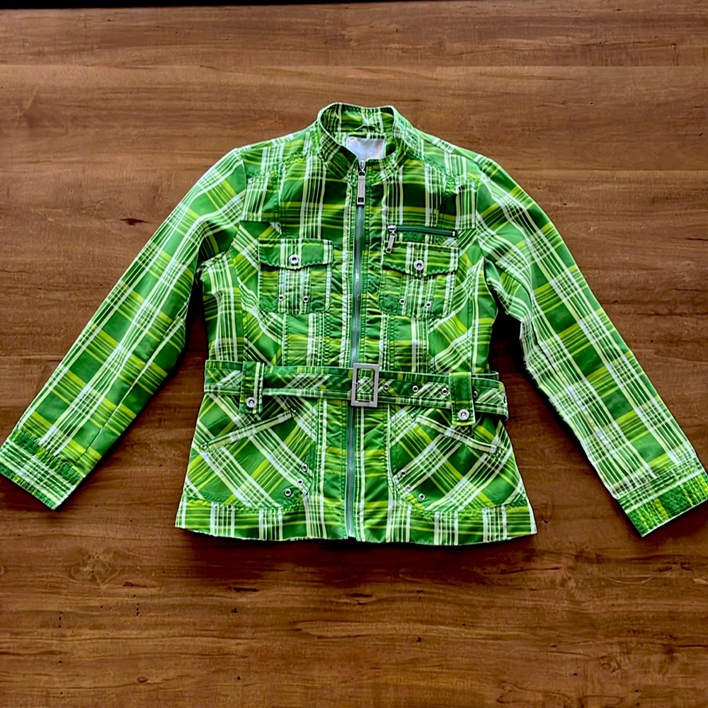 Point Zero Green Plaid Spring-Fall Jacket with Belt